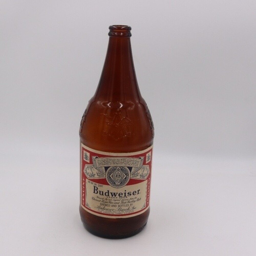 Vintage 1970s Budweiser One Quart Amber Glass Beer Bottle  Clean Label